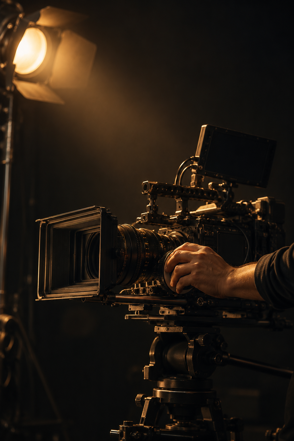 كاميرا سينمائية تحت إضاءة استوديو دافئة