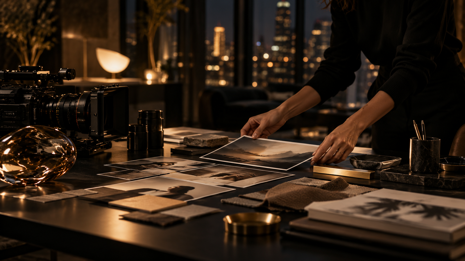 Hands arranging photographic prints on a dark studio table at night