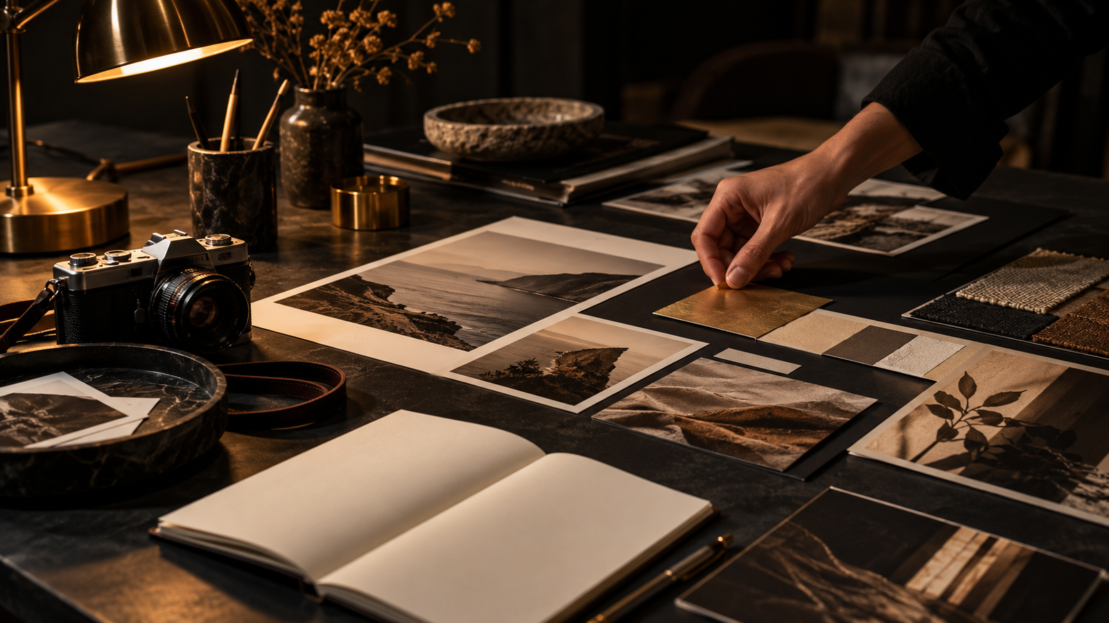 Photographic prints, a camera and material samples laid out on a dark studio table